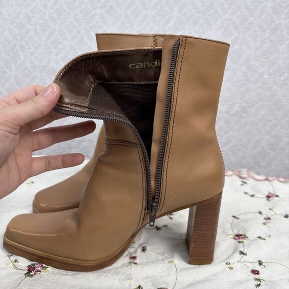 Vtg Candies Leather Boots Womens 8.5 Tan Chunky Heel Square Toe Mid Calf 90s Y2K - Picture 8 of 11